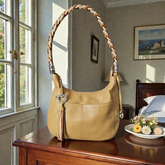 Brighton Barbados Hobo Ziptop Leather Boho Braided Strap Tan Shoulder Bag - Picture 9 of 14